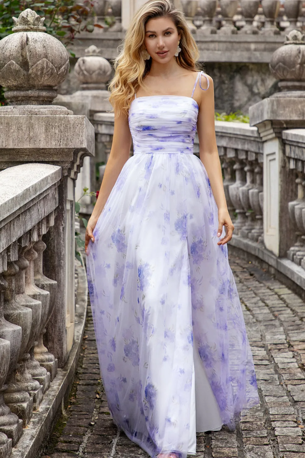 Flor de Lavanda Uma Linha Esparguete Alças Longo Vestido de Madrinha com Fenda