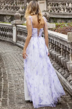 Flor de Lavanda Uma Linha Esparguete Alças Longo Vestido de Madrinha com Fenda