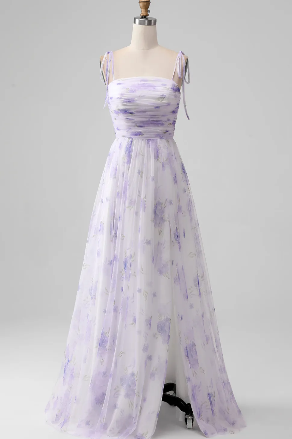 Flor de Lavanda Uma Linha Esparguete Alças Longo Vestido de Madrinha com Fenda