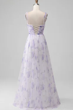 Flor de Lavanda Uma Linha Esparguete Alças Longo Vestido de Madrinha com Fenda