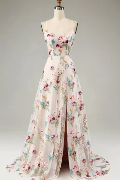 Flor de marfim A-Line espaguete correias espartilho longo vestido de baile com fenda