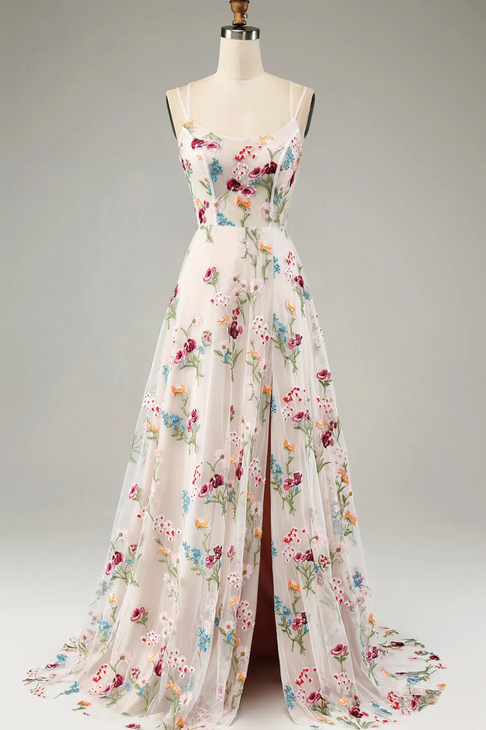 Flor de marfim A-Line espaguete correias espartilho longo vestido de baile com fenda