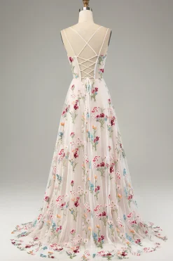 Flor de marfim A-Line espaguete correias espartilho longo vestido de baile com fenda