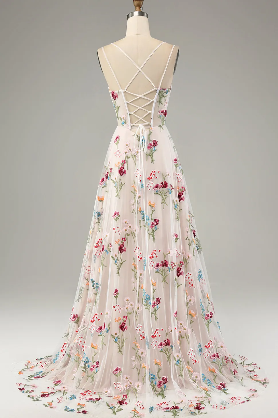 Flor de marfim A-Line espaguete correias espartilho longo vestido de baile com fenda