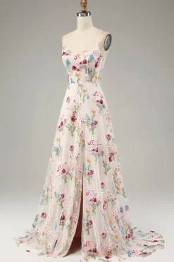 Flor de marfim A-Line espaguete correias espartilho longo vestido de baile com fenda