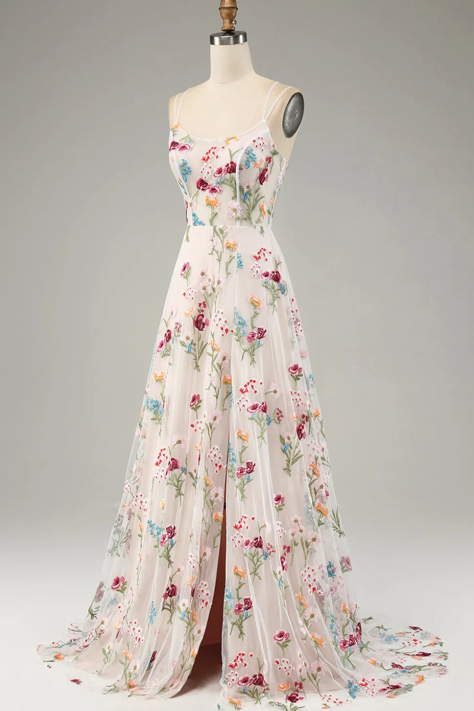 Flor de marfim A-Line espaguete correias espartilho longo vestido de baile com fenda