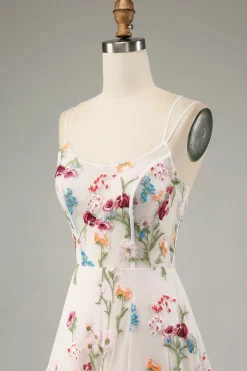Flor de marfim A-Line espaguete correias espartilho longo vestido de baile com fenda