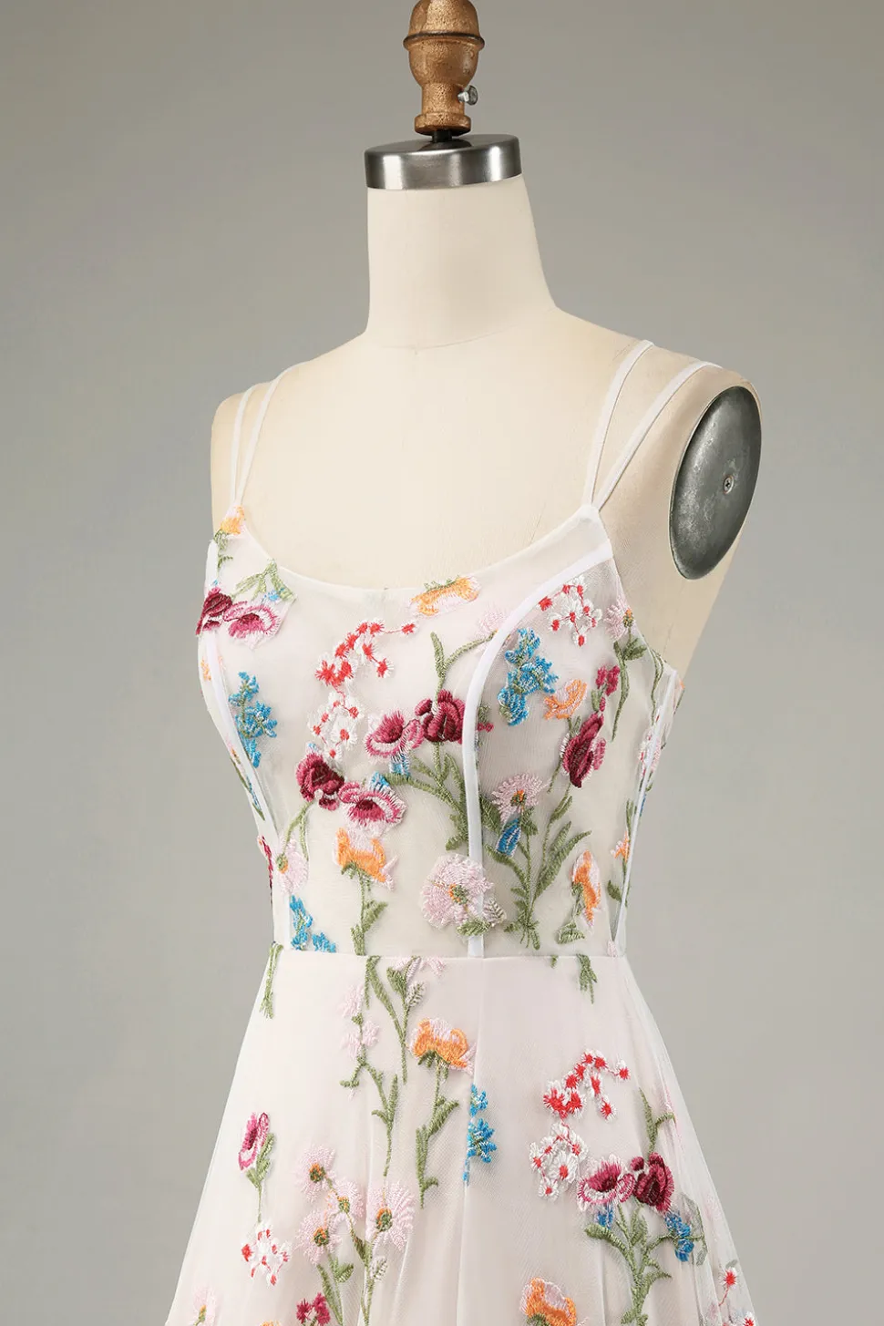 Flor de marfim A-Line espaguete correias espartilho longo vestido de baile com fenda