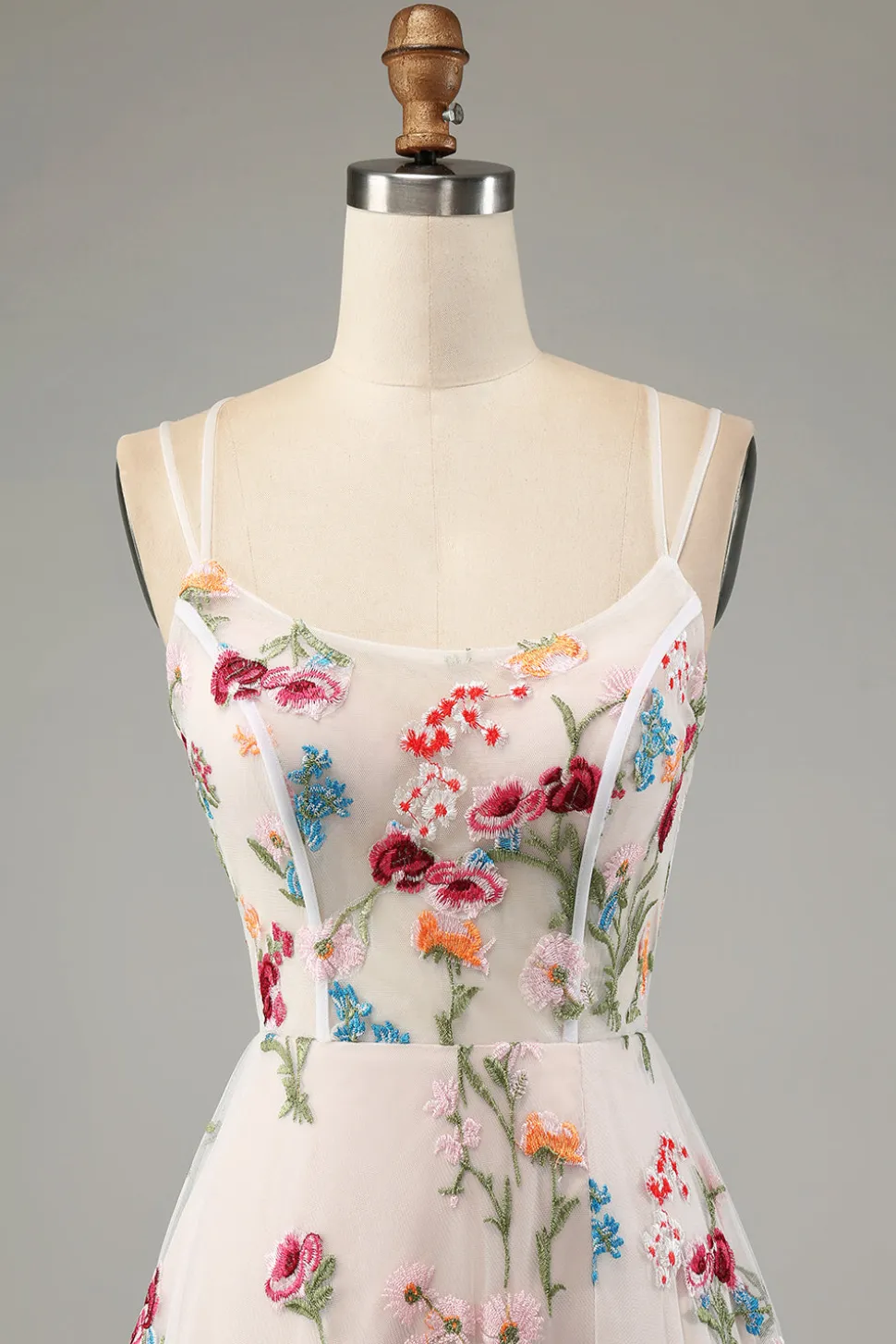 Flor de marfim A-Line espaguete correias espartilho longo vestido de baile com fenda