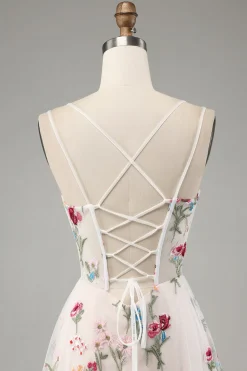 Flor de marfim A-Line espaguete correias espartilho longo vestido de baile com fenda