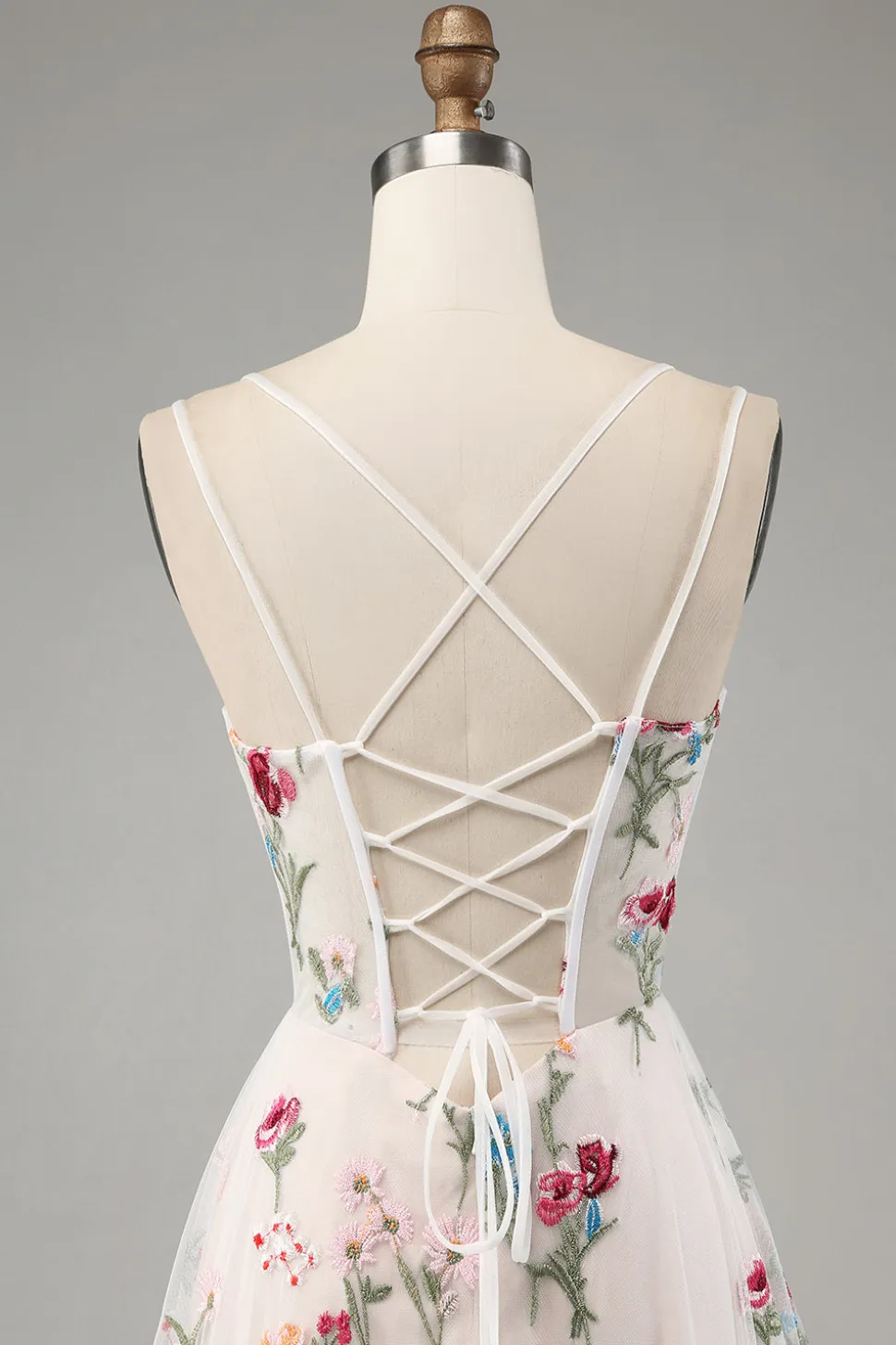 Flor de marfim A-Line espaguete correias espartilho longo vestido de baile com fenda