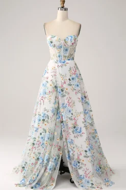 Flor de Marfim A-Line Strapless Long Corset Prom Dress