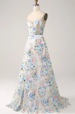 Flor de Marfim A-Line Strapless Long Corset Prom Dress