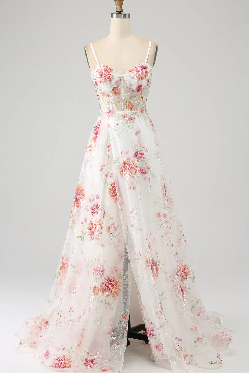 Flor de marfim bordado longo espartilho vestido de baile com fenda