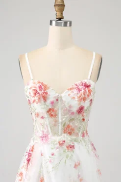 Flor de marfim bordado longo espartilho vestido de baile com fenda