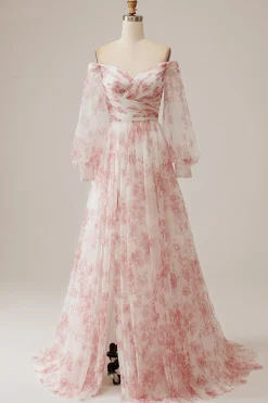 Flor de marfim Uma linha fora do ombro plissado vestido de noiva floral com mangas compridas