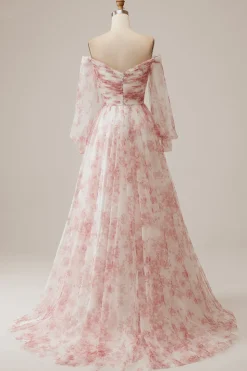 Flor de marfim Uma linha fora do ombro plissado vestido de noiva floral com mangas compridas