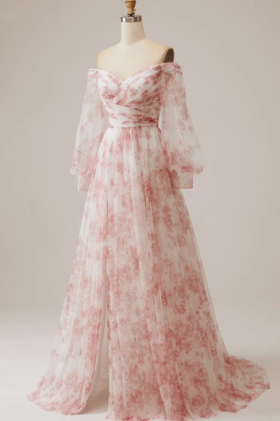 Flor de marfim Uma linha fora do ombro plissado vestido de noiva floral com mangas compridas