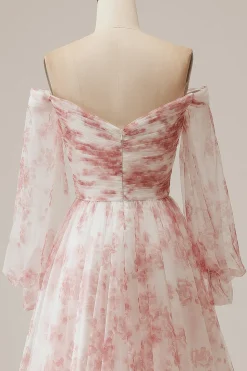 Flor de marfim Uma linha fora do ombro plissado vestido de noiva floral com mangas compridas