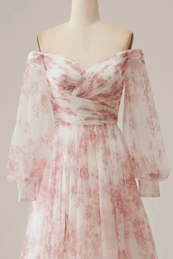 Flor de marfim Uma linha fora do ombro plissado vestido de noiva floral com mangas compridas