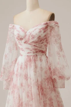 Flor de marfim Uma linha fora do ombro plissado vestido de noiva floral com mangas compridas