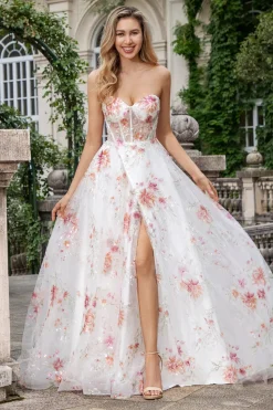 Flor de Marfim Uma Linha Querida Bordado Corset Long Prom Dress com Fenda