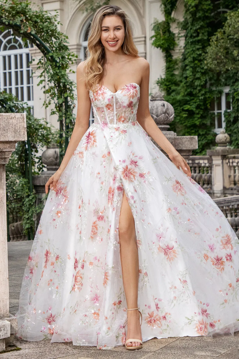Flor de Marfim Uma Linha Querida Bordado Corset Long Prom Dress com Fenda