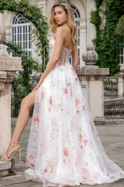 Flor de Marfim Uma Linha Querida Bordado Corset Long Prom Dress com Fenda