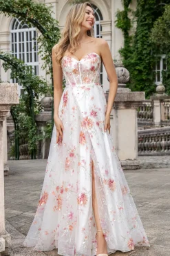 Flor de Marfim Uma Linha Querida Bordado Corset Long Prom Dress com Fenda
