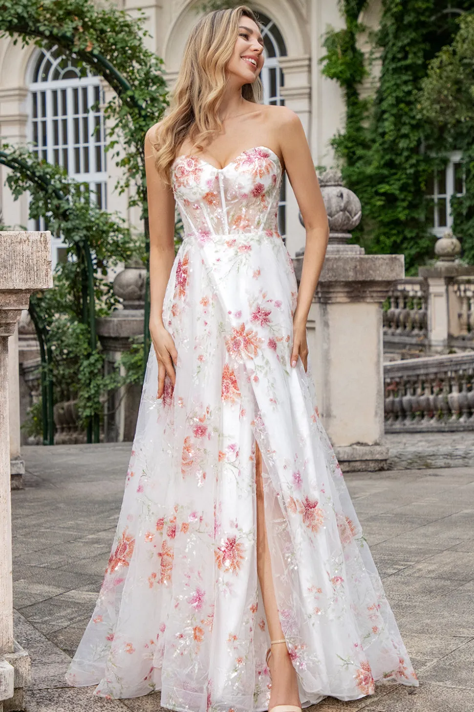 Flor de Marfim Uma Linha Querida Bordado Corset Long Prom Dress com Fenda