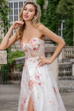 Flor de Marfim Uma Linha Querida Bordado Corset Long Prom Dress com Fenda