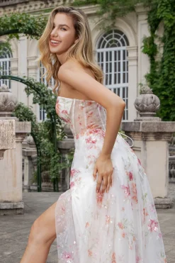 Flor de Marfim Uma Linha Querida Bordado Corset Long Prom Dress com Fenda