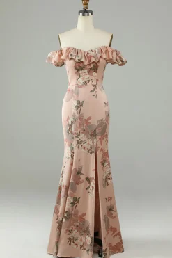 Flor estampada fora do Shoudler Blush longo vestido de dama de honra com fenda