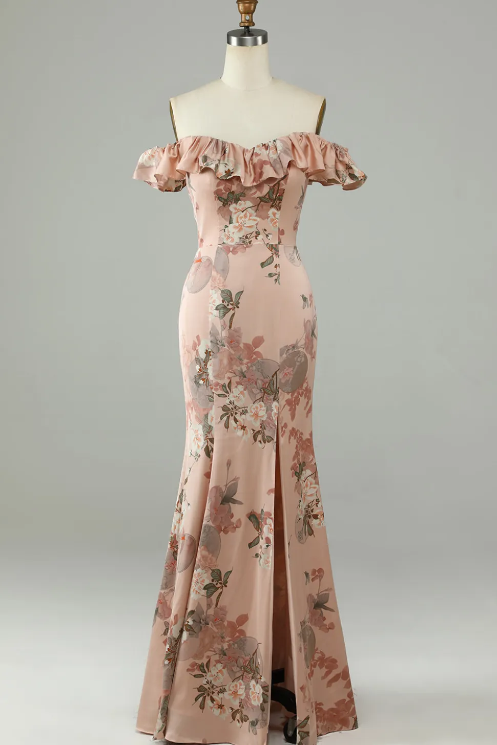 Flor estampada fora do Shoudler Blush longo vestido de dama de honra com fenda