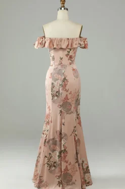 Flor estampada fora do Shoudler Blush longo vestido de dama de honra com fenda