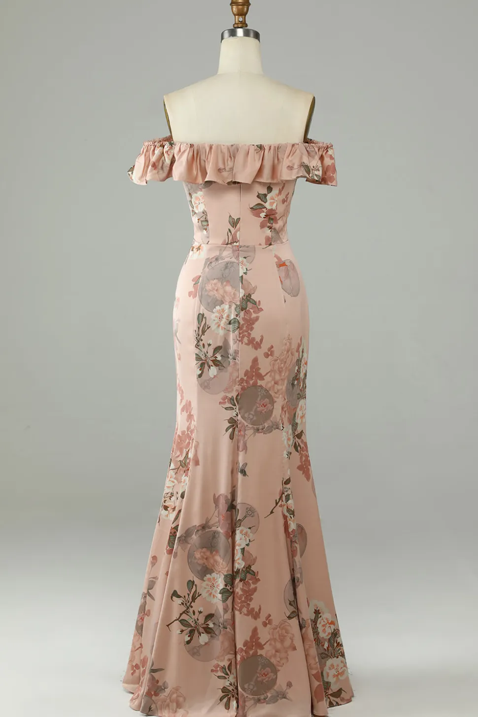 Flor estampada fora do Shoudler Blush longo vestido de dama de honra com fenda
