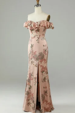 Flor estampada fora do Shoudler Blush longo vestido de dama de honra com fenda