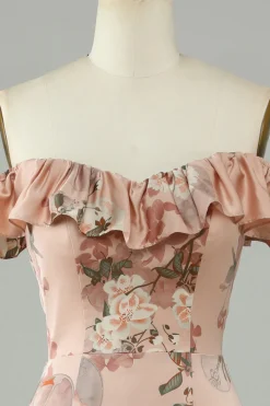 Flor estampada fora do Shoudler Blush longo vestido de dama de honra com fenda