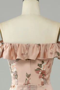 Flor estampada fora do Shoudler Blush longo vestido de dama de honra com fenda