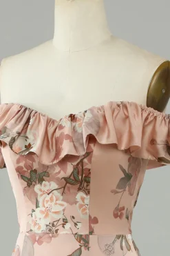 Flor estampada fora do Shoudler Blush longo vestido de dama de honra com fenda