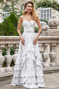 Flor marrom branca Uma linha espaguete alças vestido de dama de honra com babados