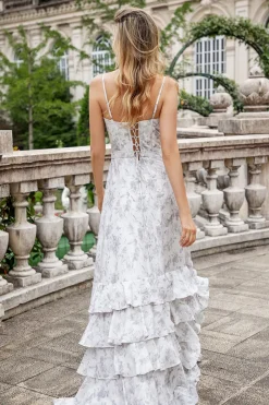 Flor marrom branca Uma linha espaguete alças vestido de dama de honra com babados