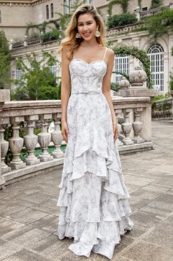 Flor marrom branca Uma linha espaguete alças vestido de dama de honra com babados