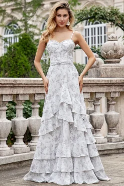 Flor marrom branca Uma linha espaguete alças vestido de dama de honra com babados