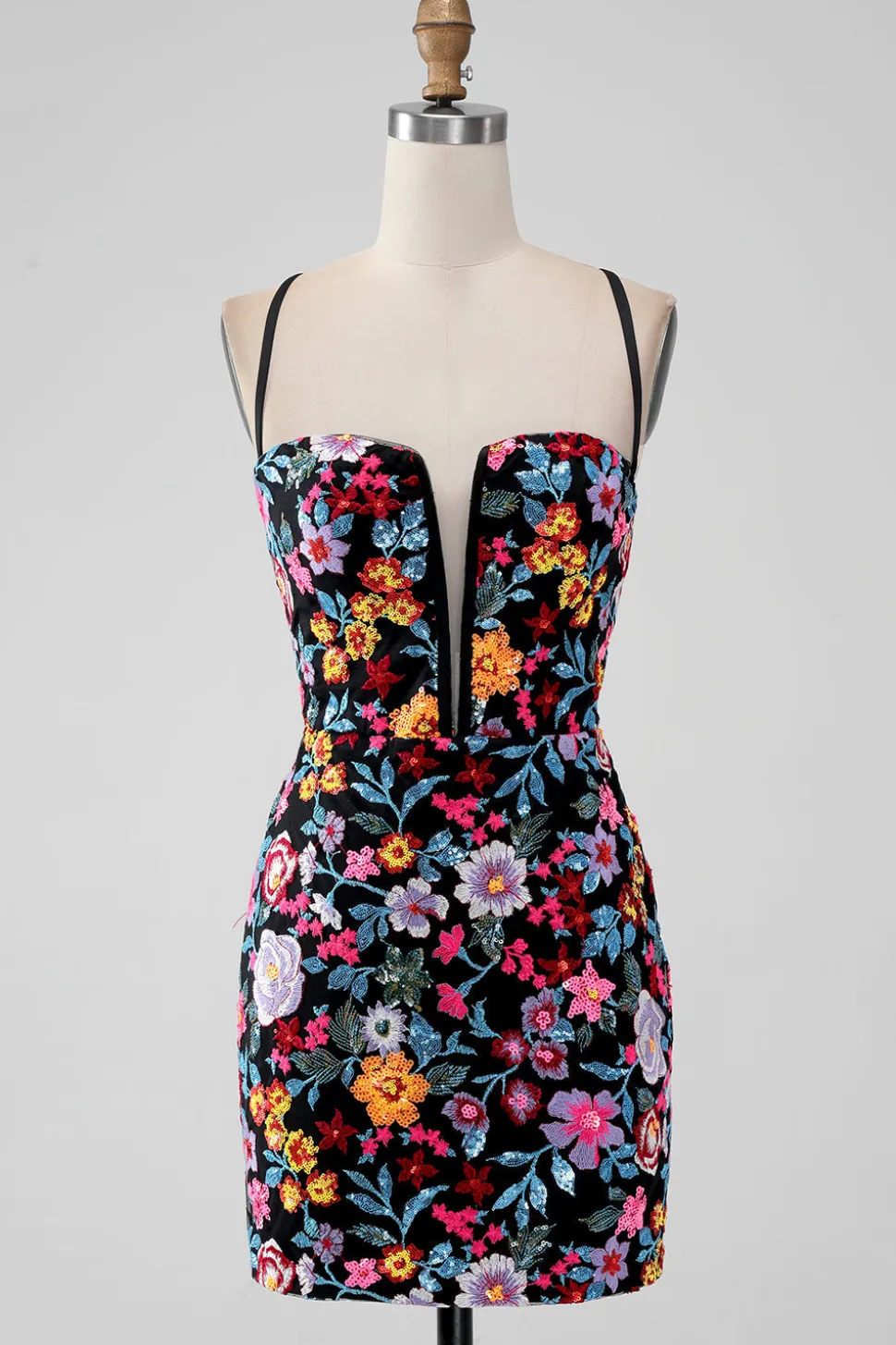 Flor Preta Bodycon V Pescoço Esparguete Correias Vestido Curto Homecoming