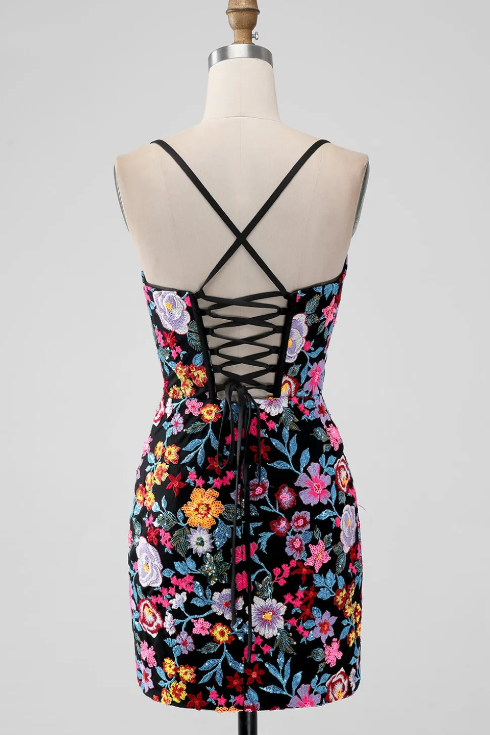 Flor Preta Bodycon V Pescoço Esparguete Correias Vestido Curto Homecoming