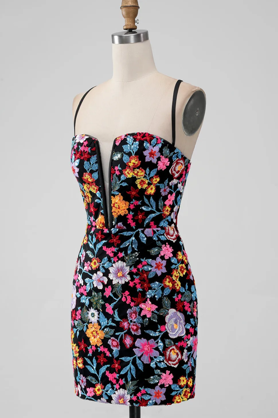 Flor Preta Bodycon V Pescoço Esparguete Correias Vestido Curto Homecoming
