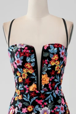 Flor Preta Bodycon V Pescoço Esparguete Correias Vestido Curto Homecoming