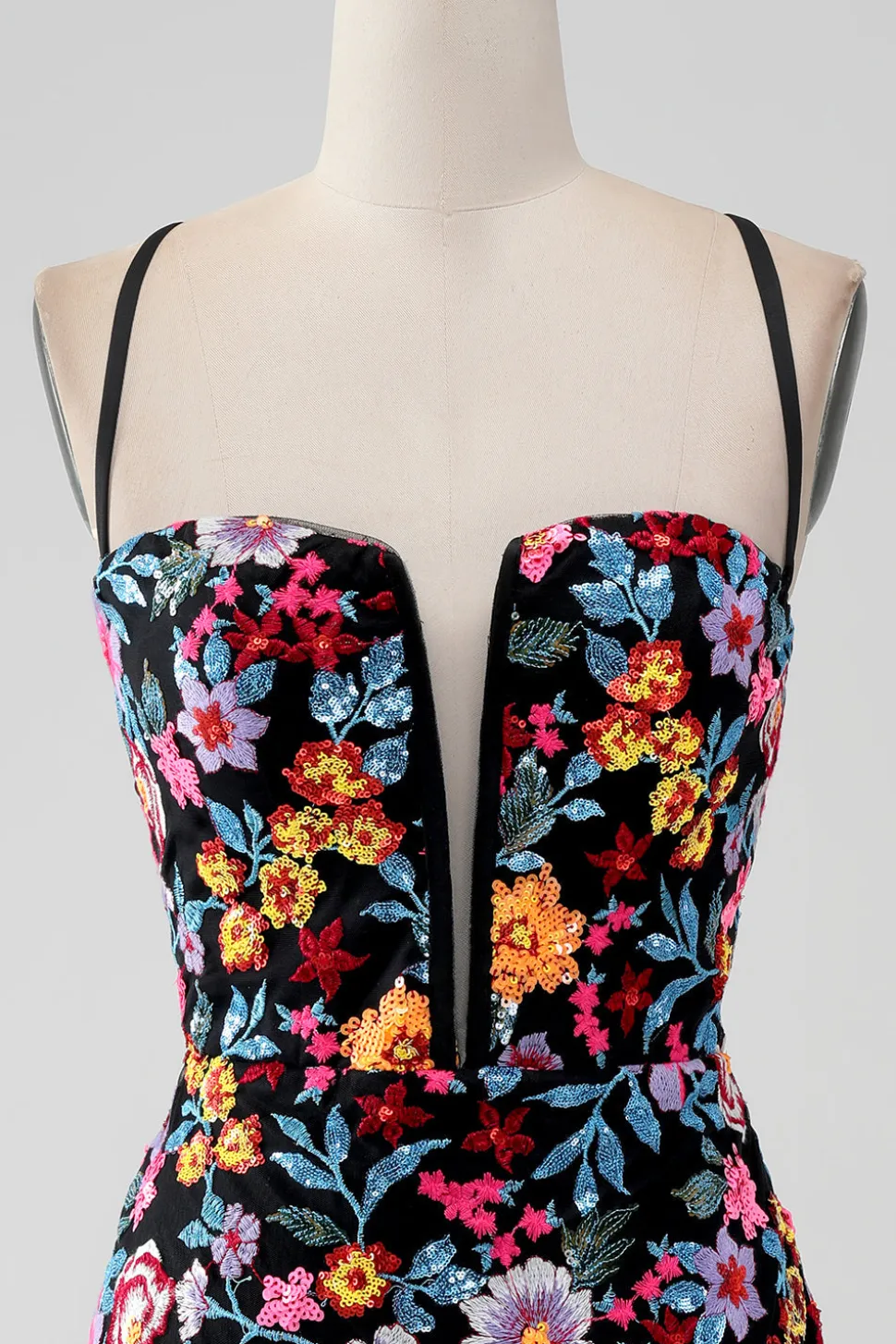 Flor Preta Bodycon V Pescoço Esparguete Correias Vestido Curto Homecoming