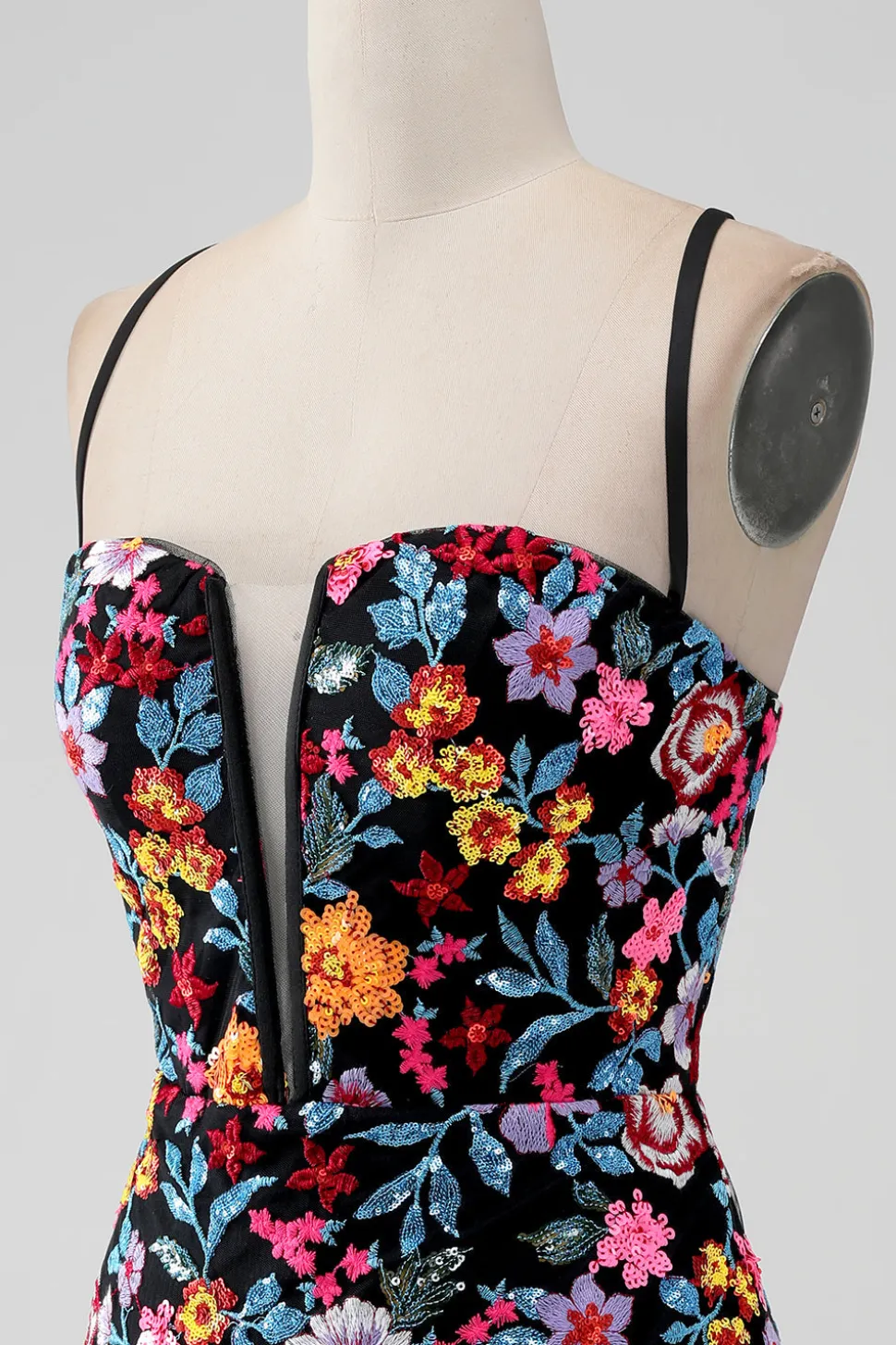 Flor Preta Bodycon V Pescoço Esparguete Correias Vestido Curto Homecoming